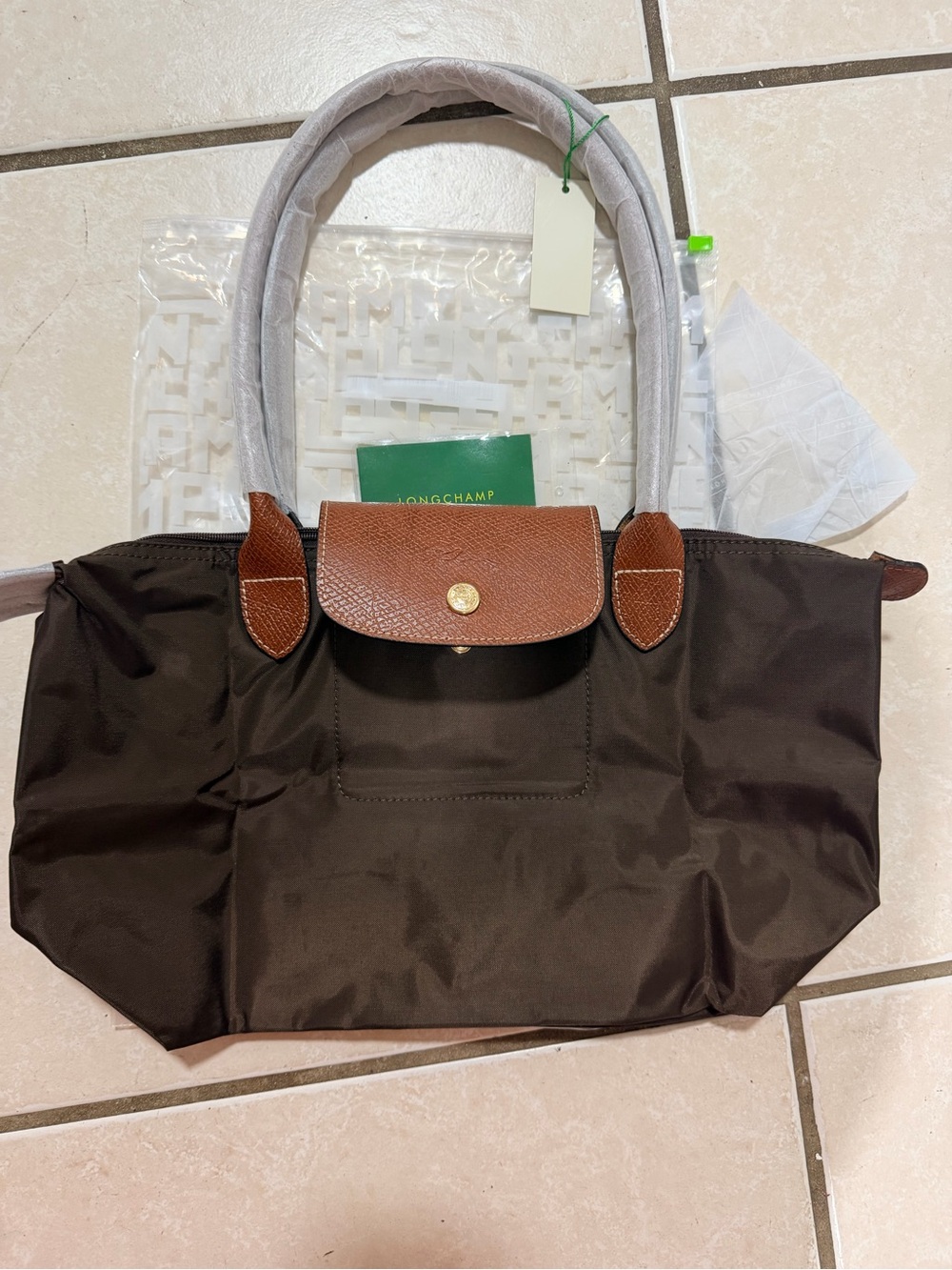 Longchamp Brown Nylon Tote with Tan Leather Trim